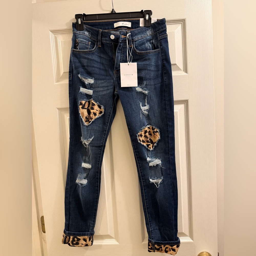 KanCan Dark Blue Skinny Jeans with Leopard Accents